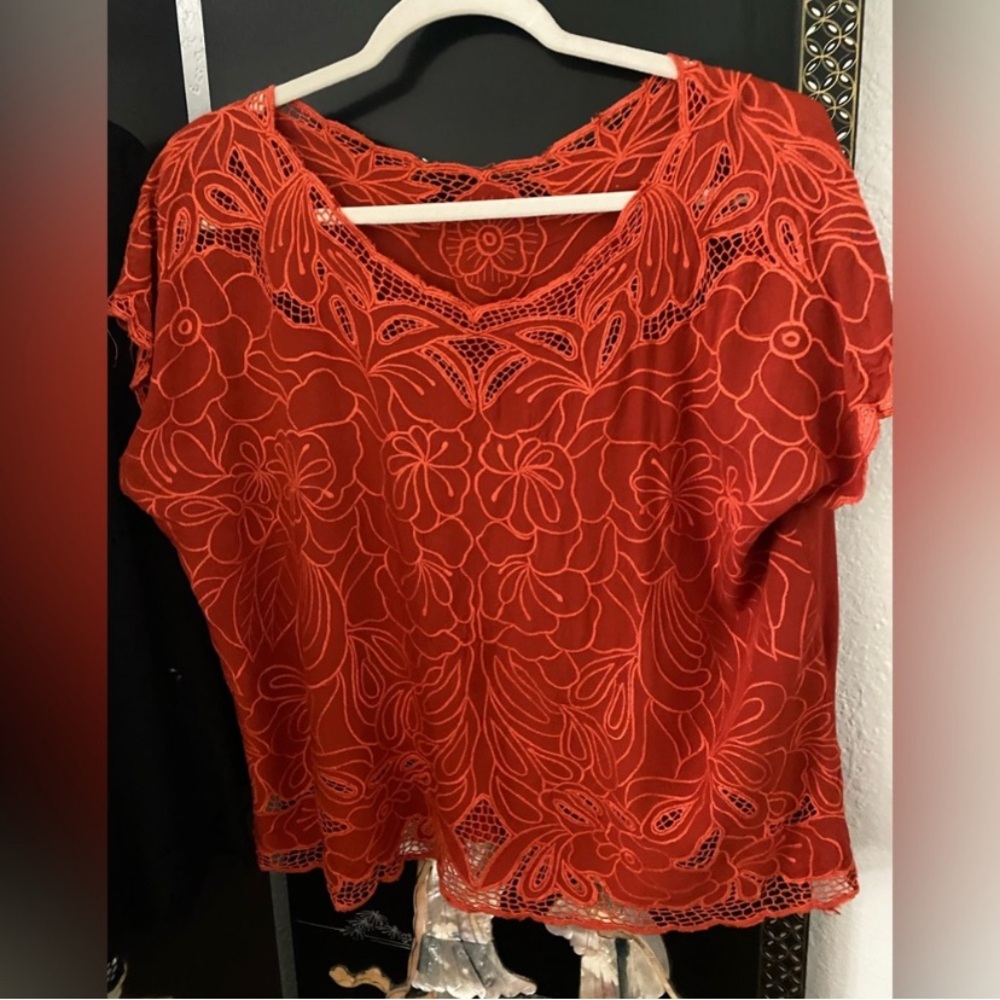 Batik Floral Embroidered Crochet Boho Blouse Rich Orange XL